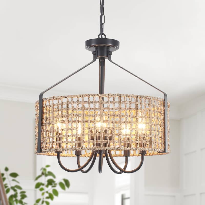 18.35inch 5 Lights Adjustable Height Bohemian Chandelier with Hand Woven Rattan Shade Suitable for Multiple Rooms - Black+Brown