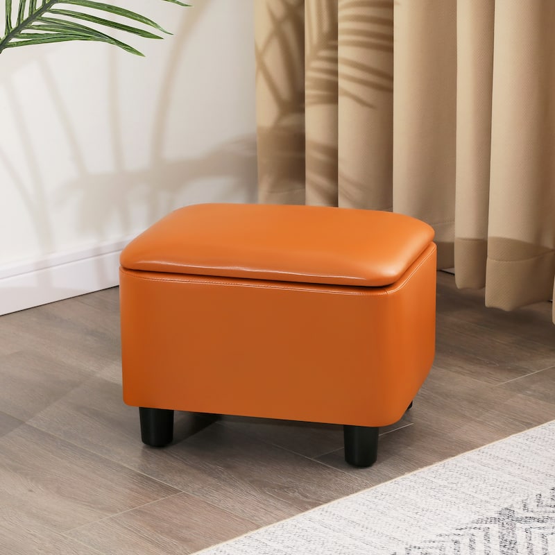 Adeco 16" Faux Leather Storage Ottoman Small Footstool - Orange