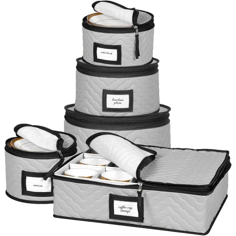 Dinnerware Storage Organizer 5-Piece Set for Fine China, Plates, Saucers, Bowls, Tableware Cups & More. - Grey