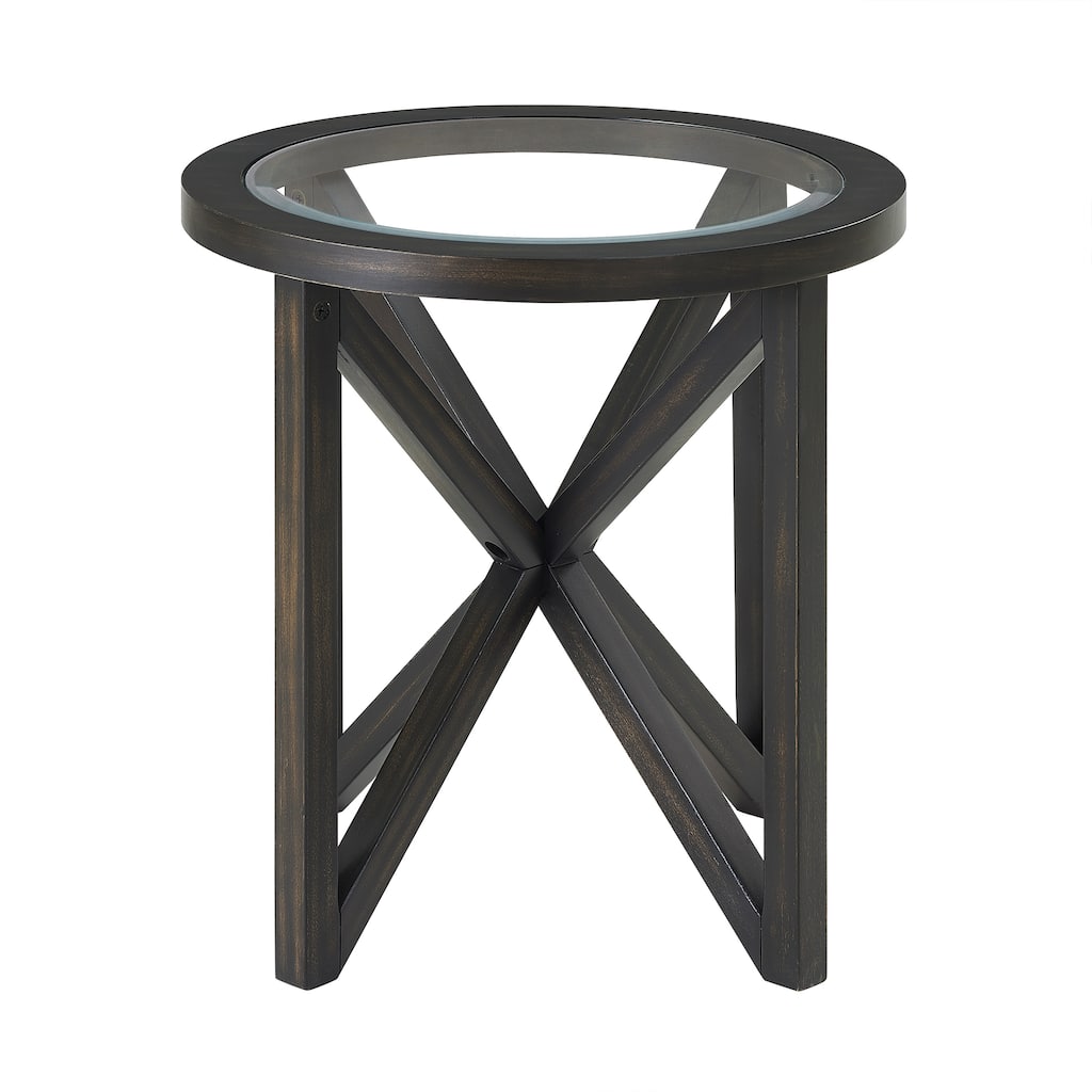 Modern Round Coffee Table, Tempered Glass Coffee Table Solid Wood Base Transparent Glass Top