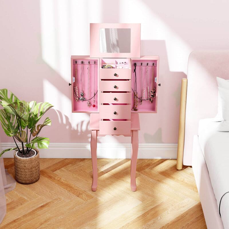 Costway Jewelry Cabinet Storage Chest Standing Organizer Mirror White - See Details