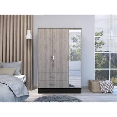 47.2" Modern Mirrored Armoire with Hanging Rod, Five Interior Shelves and Two Drawers