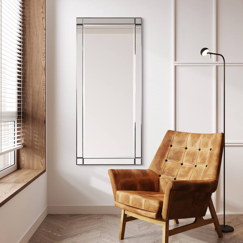 Moderno Squared Corner Beveled Rectangle Wall Mirror, Solid Wood Frame, 1"-Beveled Center Mirror, Ready to Hang - Clear - 24 in. x 54 in. x 1.18 in.
