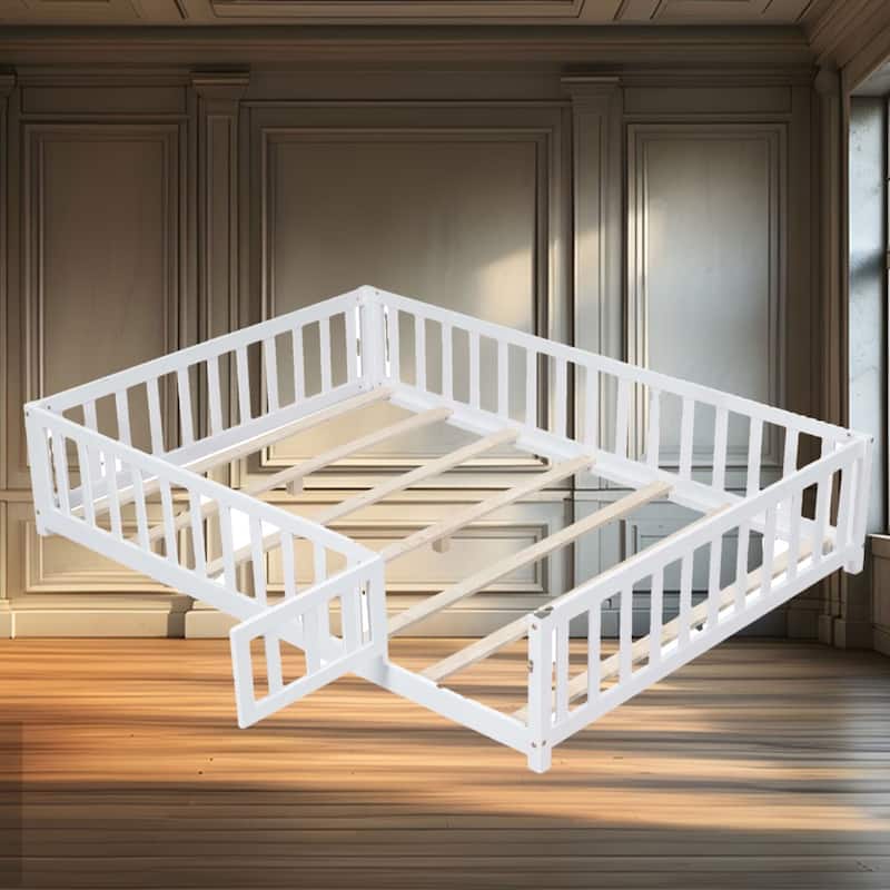Full Size Montessori Floor Bed with Fence, Door & Support Slats - Safe Wooden Bed Frame for Toddlers & Kids