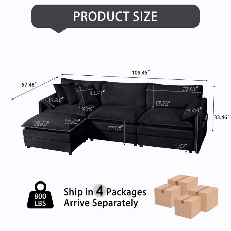 GDFStudio - 4-Piece Modular L-Shaped 109.45" Sectional Sofa with Movable Ottoman