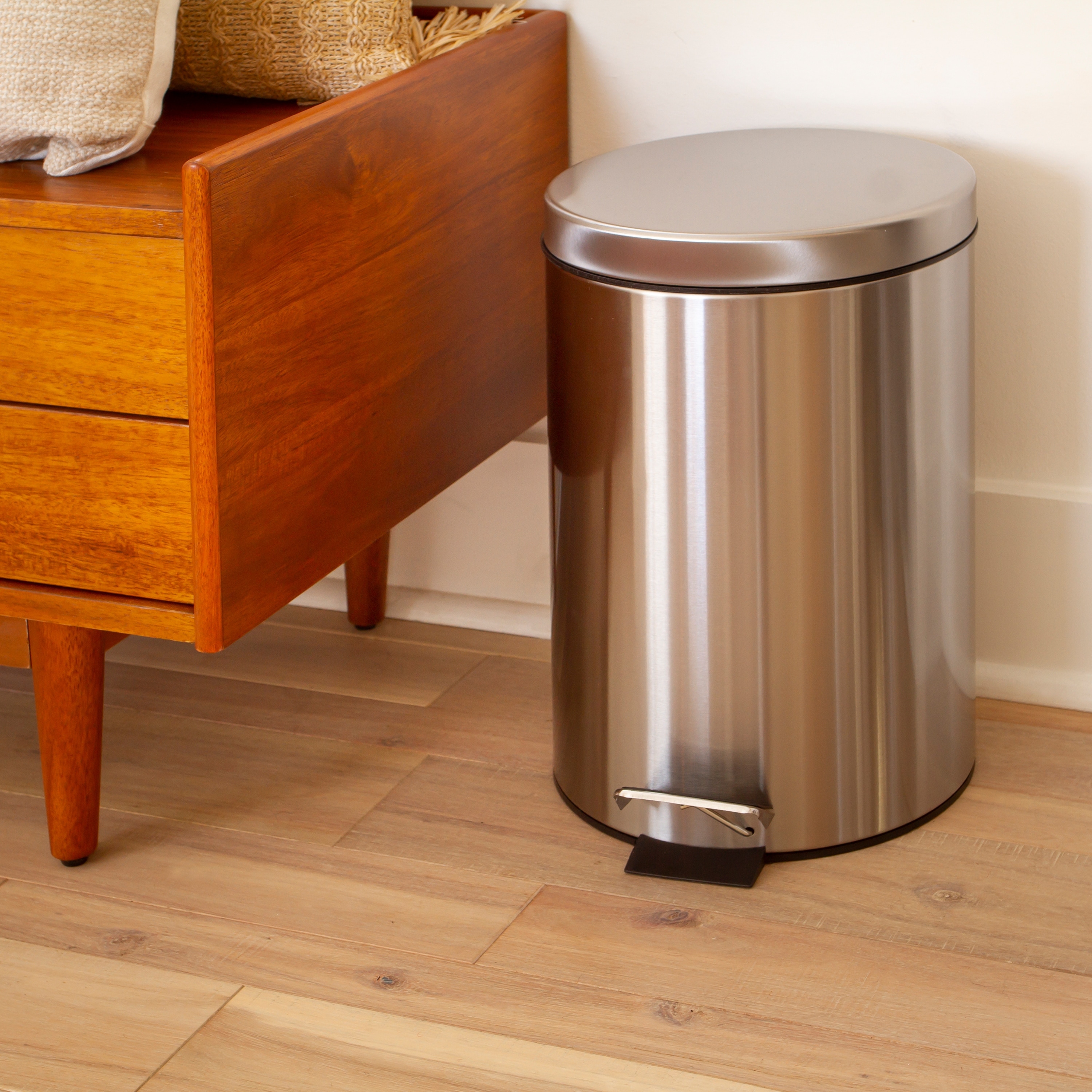 Basics Round Cylindrical Trash Can With Soft-Close Foot Pedal, 30  Liter/7.9 Gallon, Brushed Stainless Steel