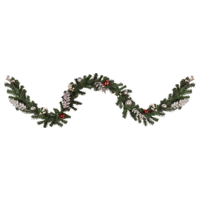 9' Decorated Green Pine Artificial Christmas Garland, Warm White LED