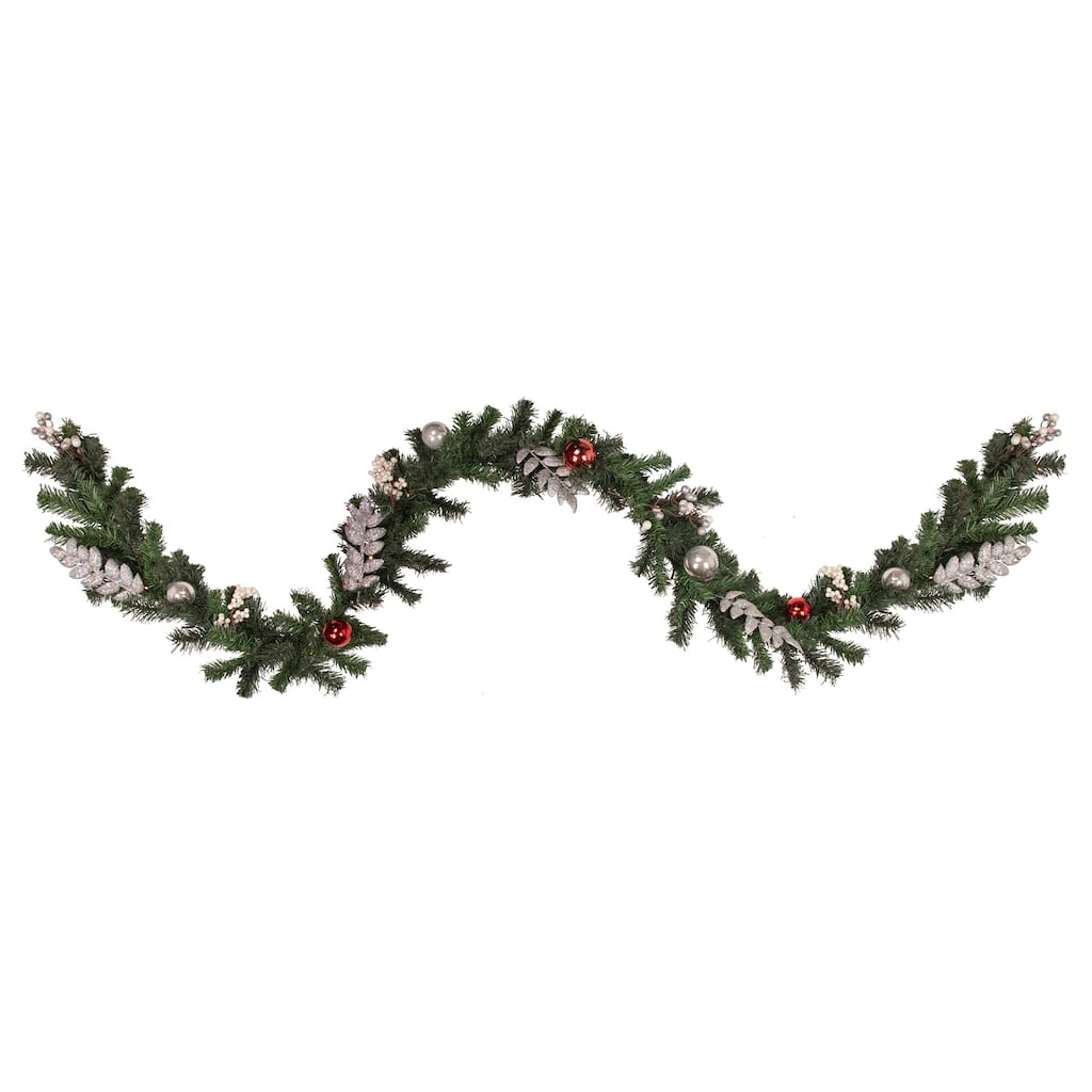 9' Decorated Green Pine Artificial Christmas Garland, Warm White LED