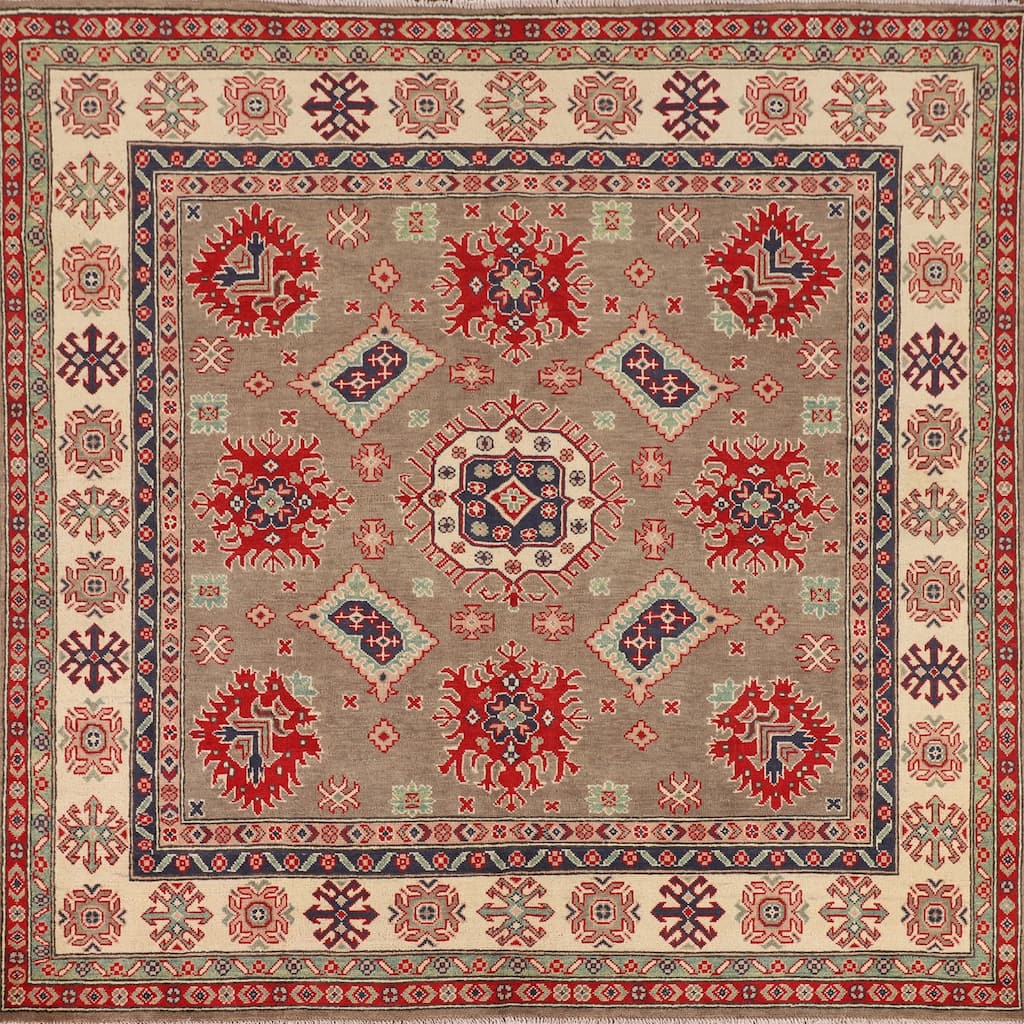 Brown Geometric Kazak Oriental Square Rug Hand-Knotted Wool Carpet - 6'8" x 6'5"