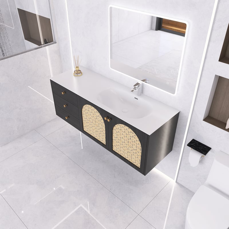 60" Wall-Mounted Bathroom Vanity with White Aluminum Nano Alloy Integrated Sink - 60'' x 20.47'' x 21.85''