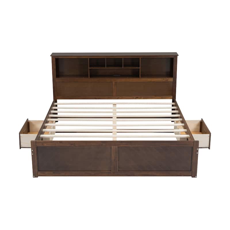 King Size Wood Platform Bed with Multi-storage Headboard, USB and Drawers