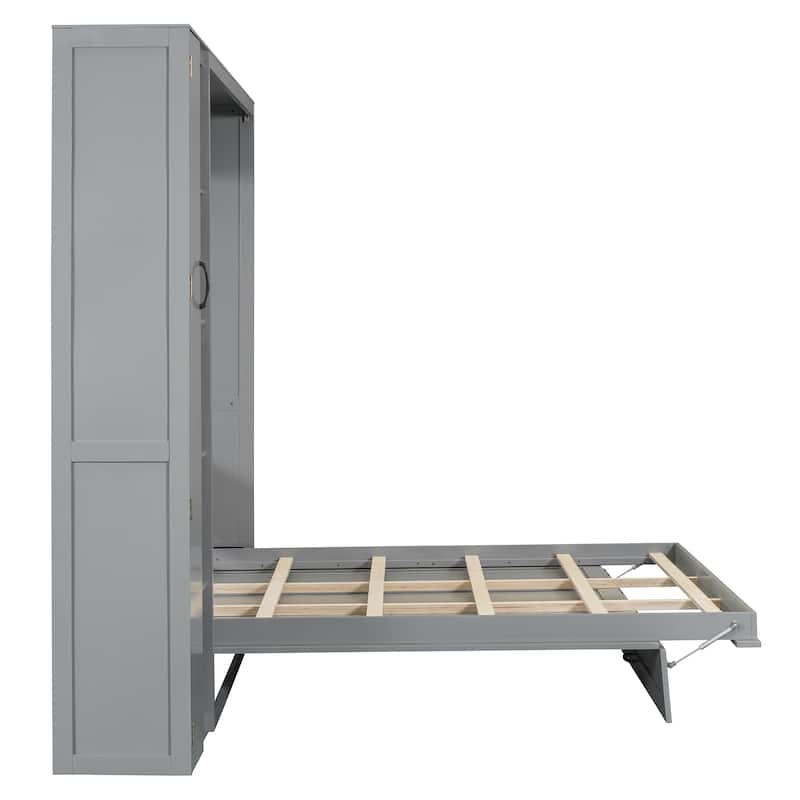 Queen Size Murphy Bed Wall Bed with Shelves, Wardrobe and LED Lights