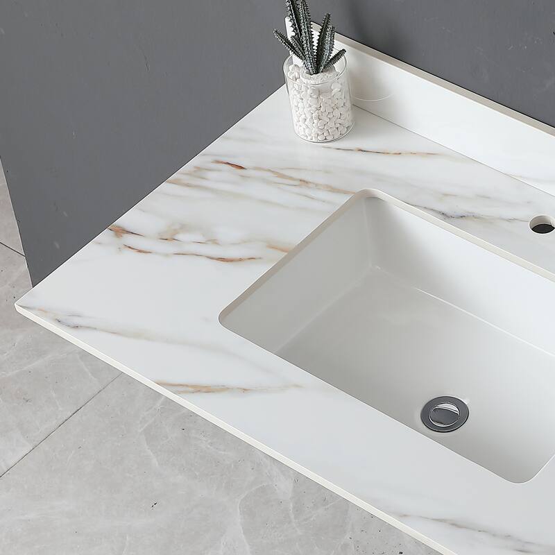 43-Inch Carrara White Vanity Top with 4-Inch Backsplash, Rectangular Ceramic Sink, Eco-Friendly