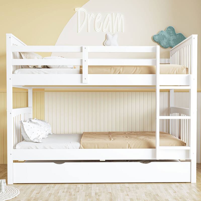 Full over Full Bunk Bed with Twin Size Trundle and Ladder-White - White