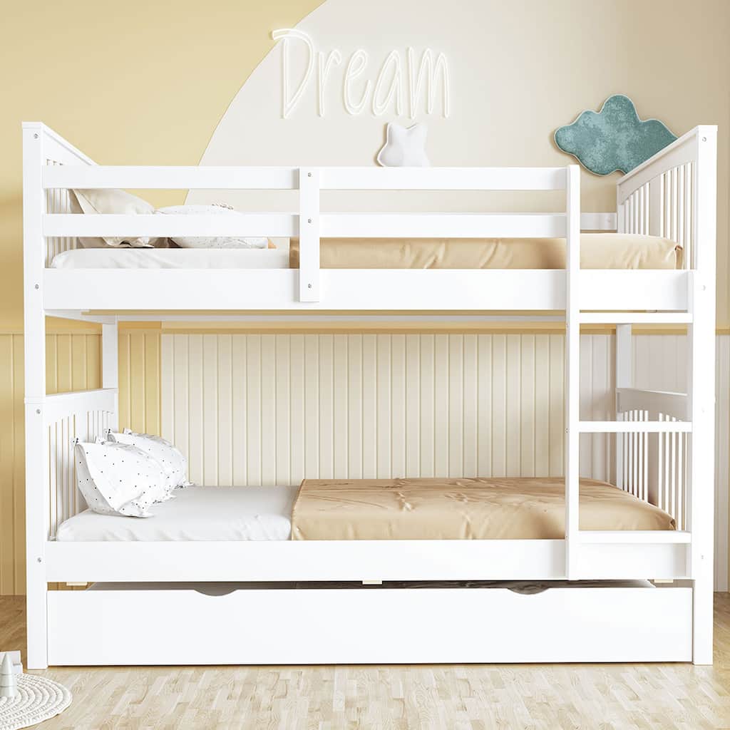 Solid Full Size Bunk Bed with Trundle, Ladder, and Safety Guardrails