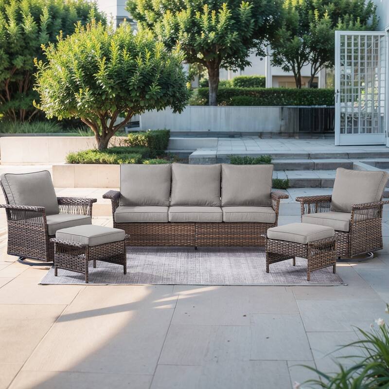 Pocassy Outdoor Swivel Chairs with Sofa Chair Ottoman and Table Set - Brown Wicker Gray Cushion - 5-Piece Patio Sofa Swivel Chair with Ottoman