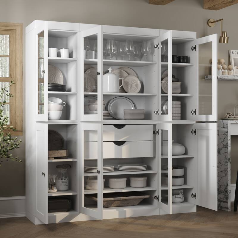 Palace Imports 100% Solid Wood 65" Pantry Cabinet with Clear Glass, Shaker Doors, 2-Drawers and Adjustable Shelves