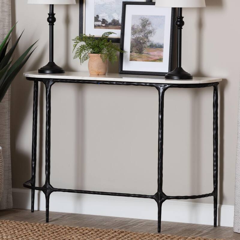 Edsel Marble Console Table - Modern Rustic Accent Table with Hand-Forged Metal Frame for Living Room or Entryway