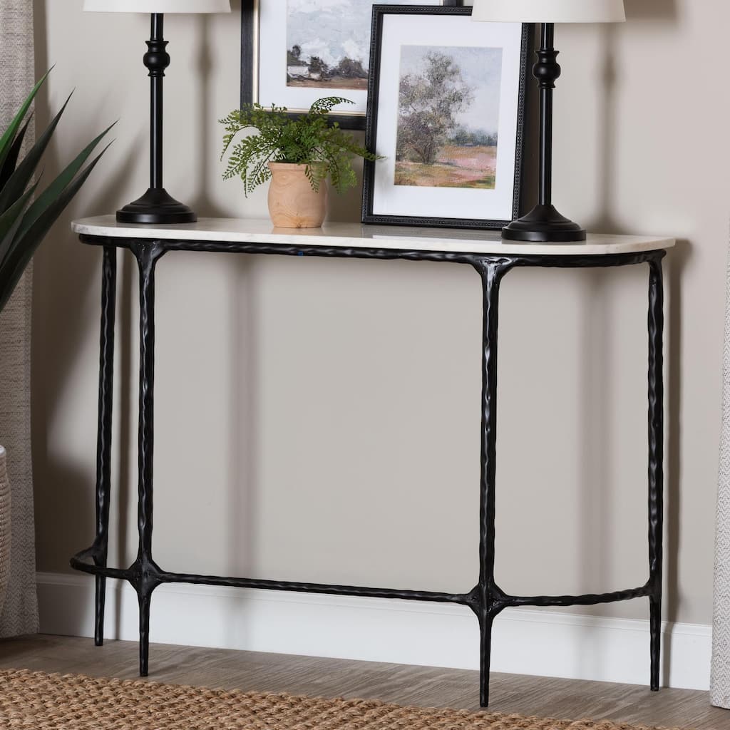 Edsel Marble Console Table - Modern Rustic Accent Table with Hand-Forged Metal Frame for Living Room or Entryway