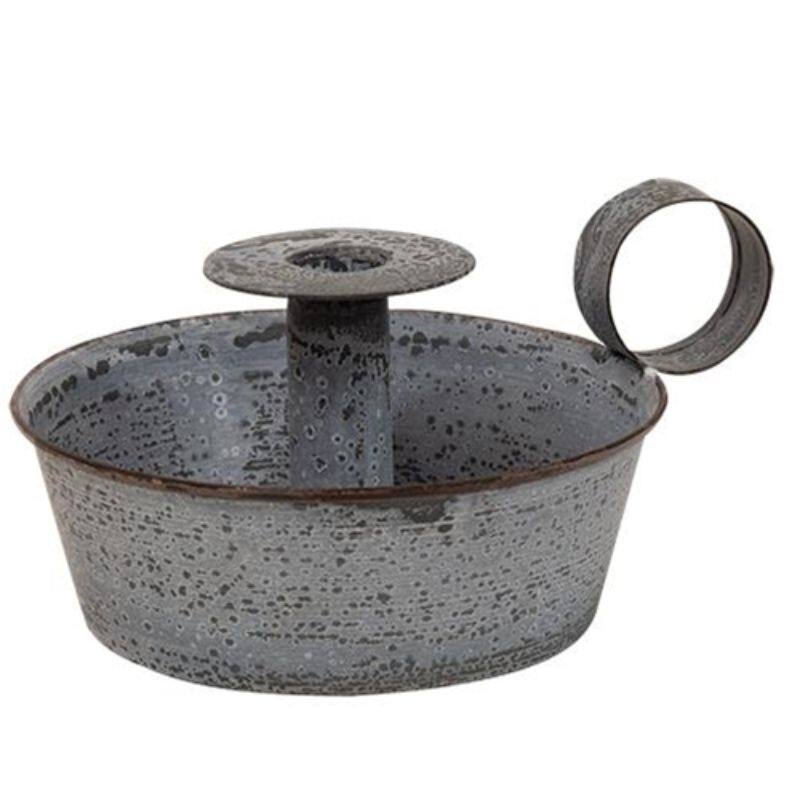 Weathered Grey Galvanized Metal Taper Candle Holder with Raised Pedestal and Thumb Ring Handle - 7”W x 4.5”H
