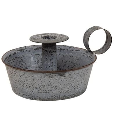 Weathered Grey Galvanized Metal Taper Candle Holder with Raised Pedestal and Thumb Ring Handle - 7”W x 4.5”H