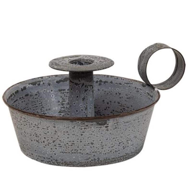 Weathered Grey Galvanized Metal Taper Candle Holder with Raised Pedestal and Thumb Ring Handle - 7”W x 4.5”H