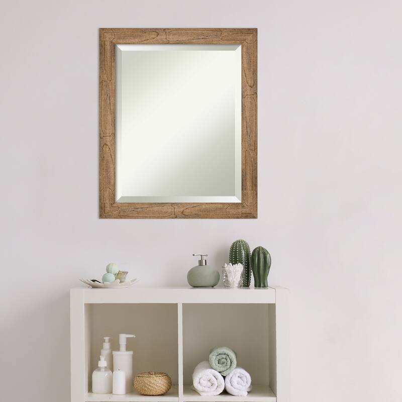 Beveled Wood Bathroom Wall Mirror - Owl Brown Narrow Frame