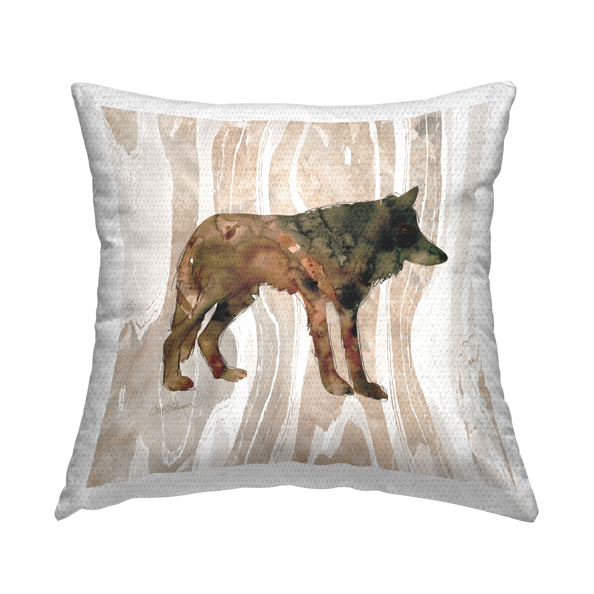 Stupell Woodland Wolf Watercolor Silhouette Rustic Grain Pattern Printed Outdoor Throw Pillow Design by Carol Robinson