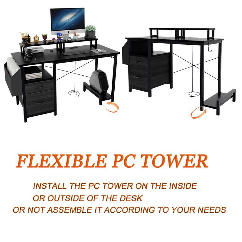 47.3" Computer Desk with power outlet,Monitor Stands,Shelves - Black