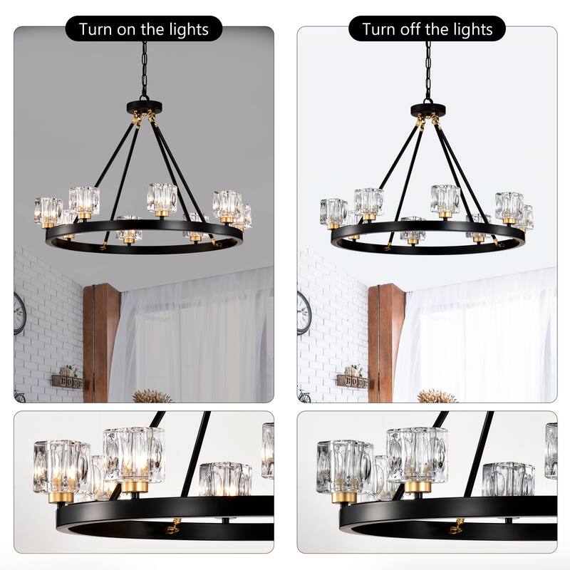 Farmhouse Modern Small Crystal Round Ceiling Light Wagon Wheel Chandelier, for Living Room, Kitchen Island, Dining Room