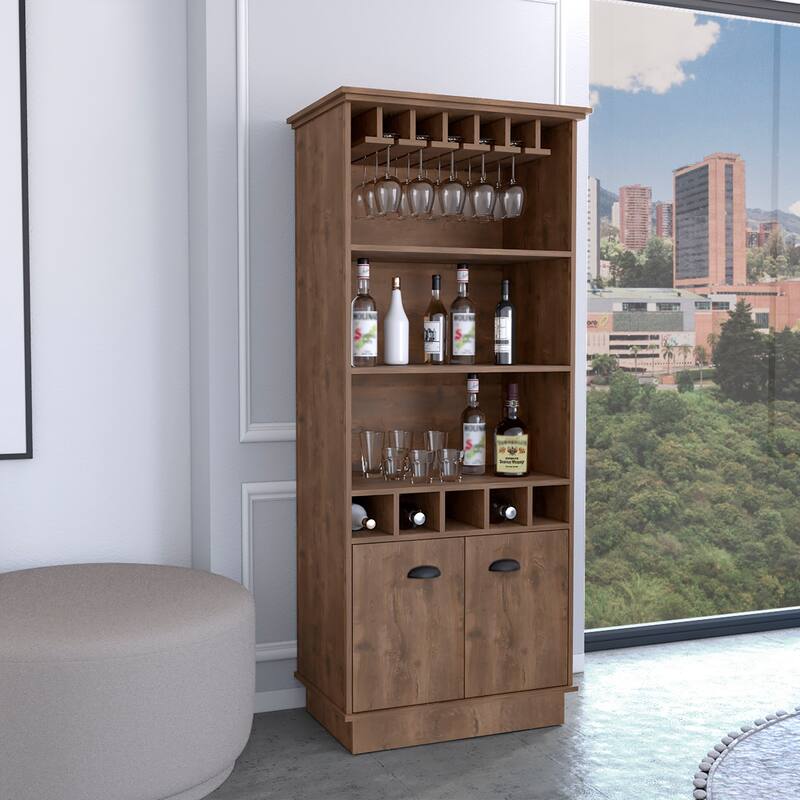 Dundee 70-Inch High 10-Glass Bar Cabinet with 5 Cubbies - Laminate - Brown