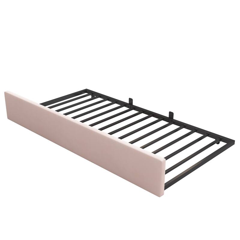 Twin Size Upholstered Daybed with Pull-Out Bed, Velvet Pink Sofa Bed for Adults and Kids, Metal Slatted Frame