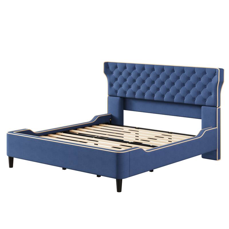 Christopher Knight Home - Aveline Modern Upholstered Platform Bed with Curved Back Headboard and Button Tufted Design