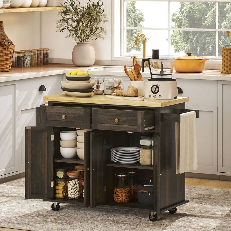 Brown Oak Kitchen Island Cart with Drawers, Cabinets and Casters - 43.75" W x 17.5" D x 32.5" H - Brown Oak