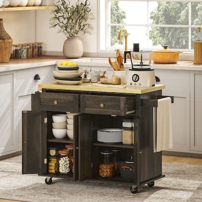 Brown Oak Kitchen Island Cart with Drawers, Cabinets and Casters - 43.75" W x 17.5" D x 32.5" H