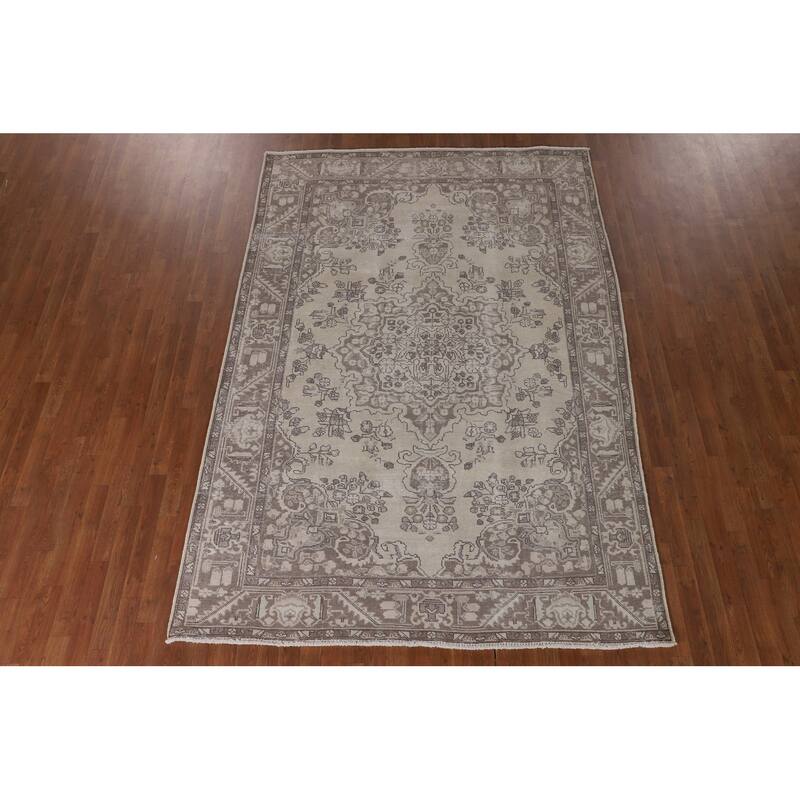 Distressed Tabriz Persian Vintage Area Rug Handmade Beige Wool Carpet - 6'7" x 9'6"