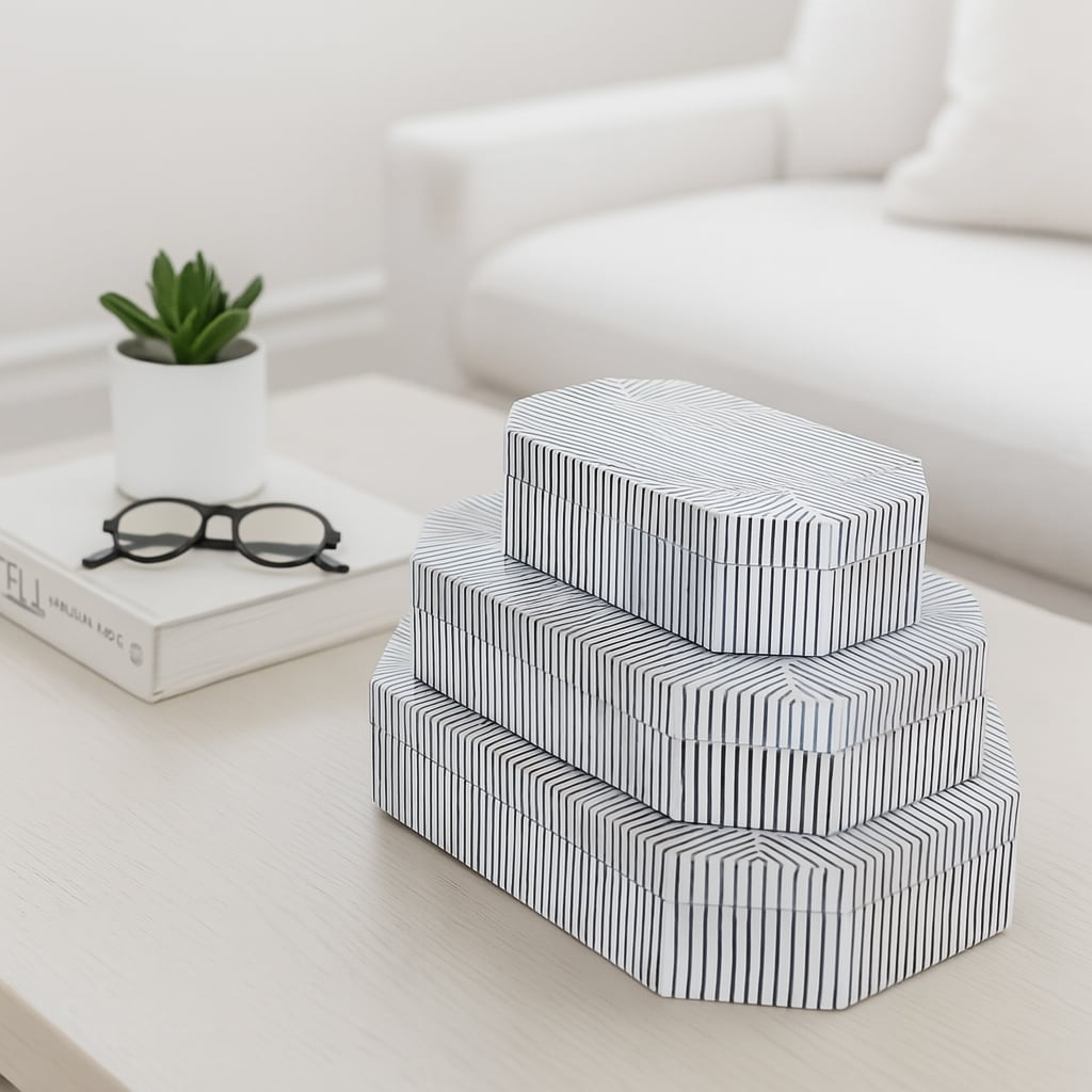 Resin Wood Decorative Box Striped Home Office (Set of 3) - 3/4" Black - 12" x 8" x 4"