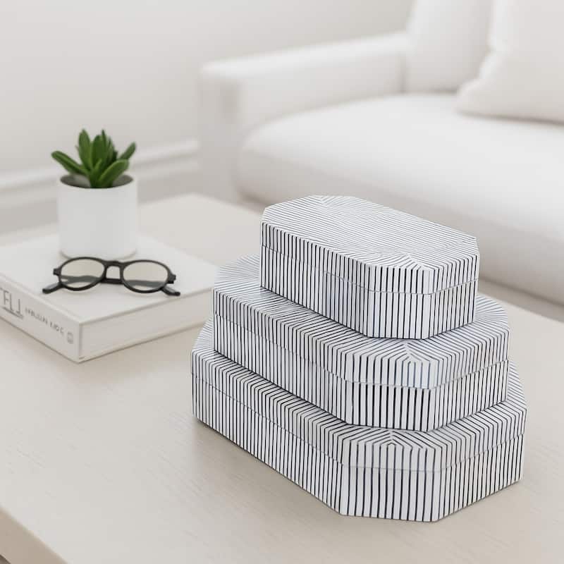 Resin Wood Decorative Box Striped Home Office (Set of 3) - 3/4" Black - 12" x 8" x 4" - White - 12" x 8" x 4"