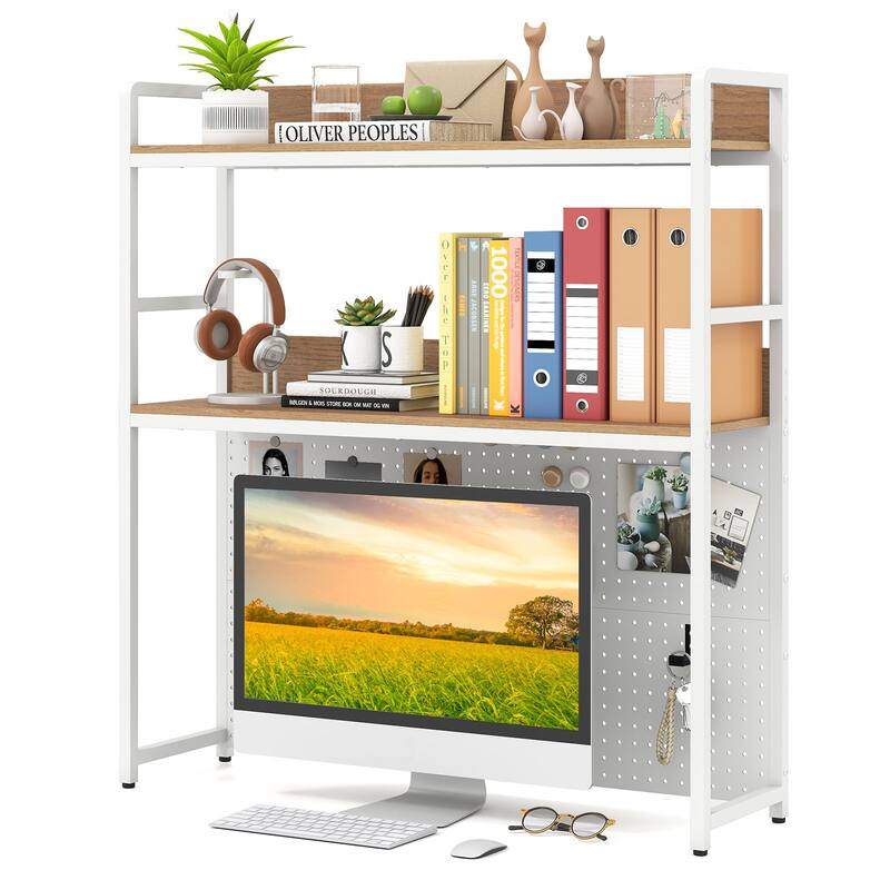 Gymax 2-Tier Countertop Desktop Bookshelf w/ Metal Pegboard 2 - Natural