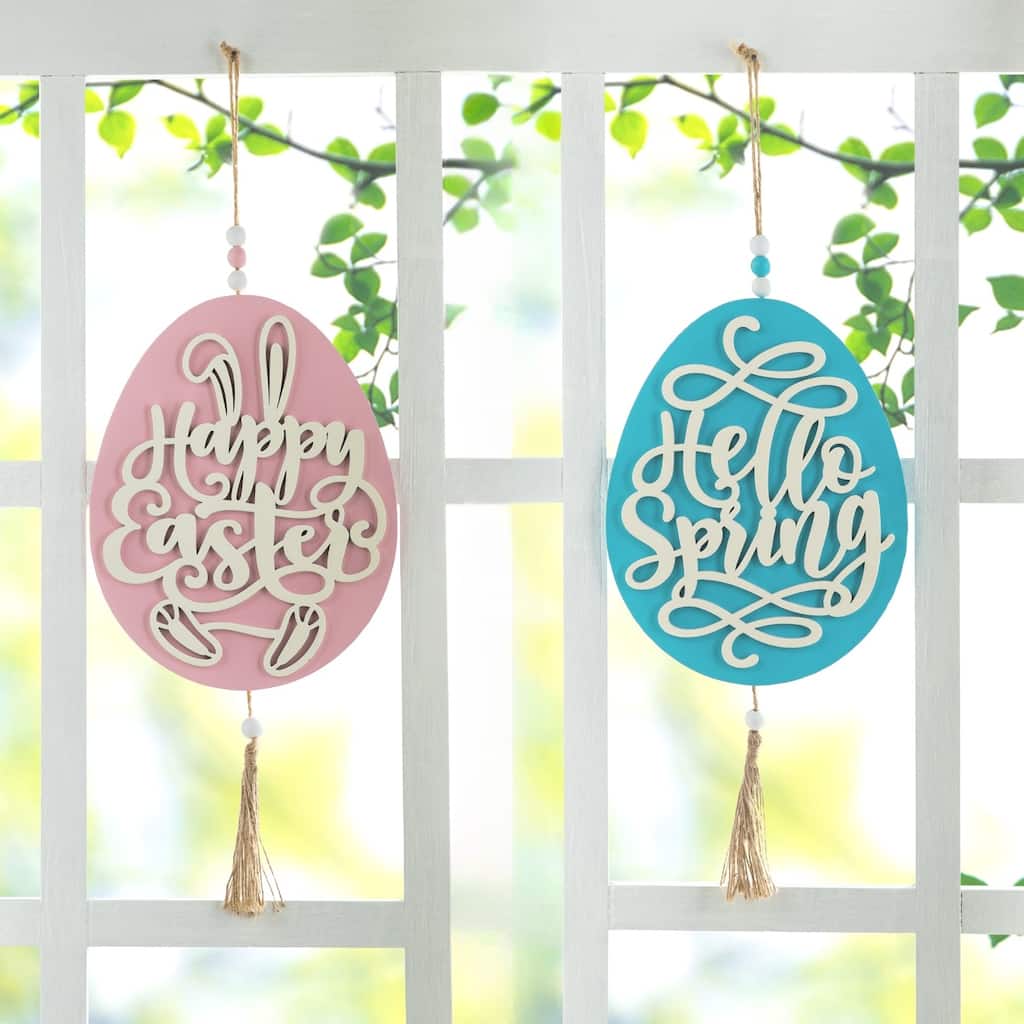 Glitzhome Easter Wooden Eggs Door Hanger Metal Truck Bunny Garland Wall Hanging Decor