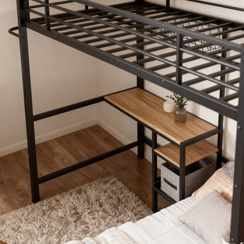 L Shaped Metal Bed Frame Twin Over Twin Bunk Bed with Built-in Desk, Storage Shelves and and Net Board for Teens & Adults