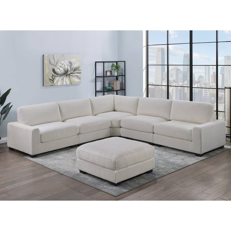 6 Piece Corduroy Upholstered L-shape Modular Sectional Sofa with Ottoman