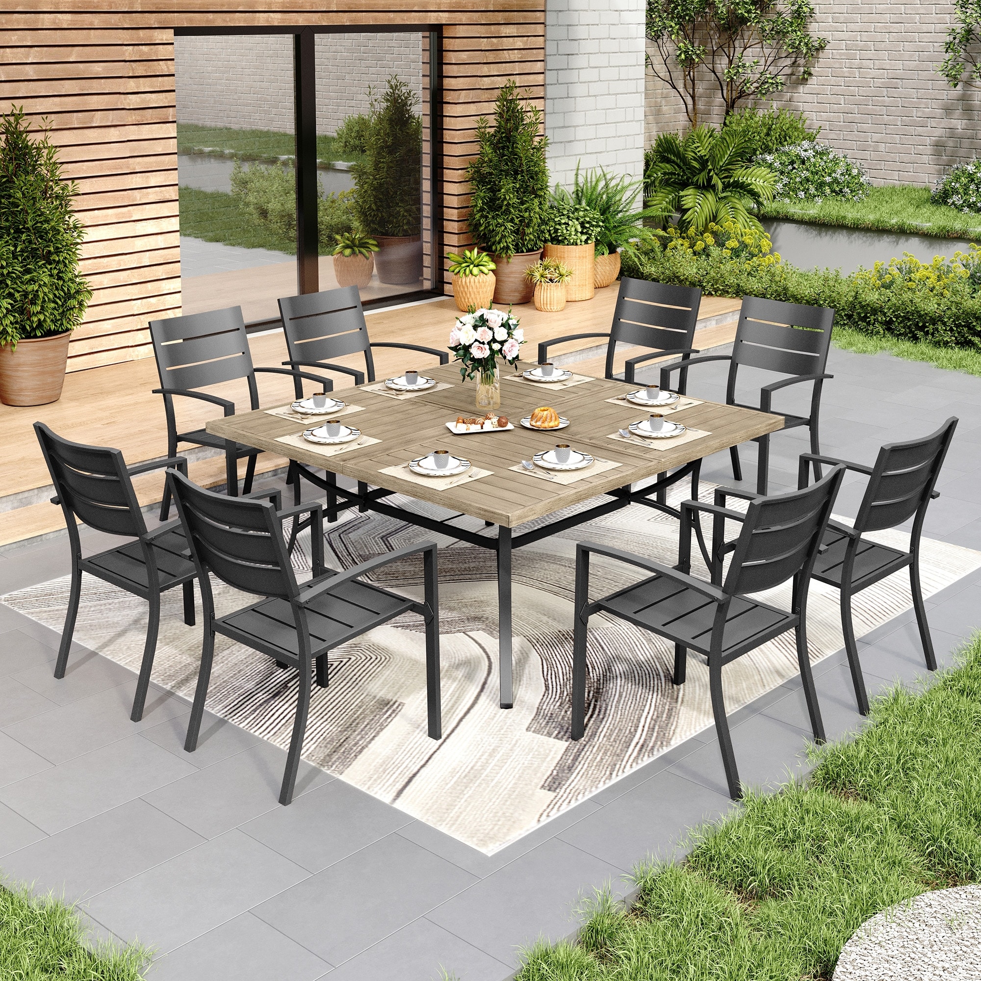 MAISON ARTS 9 Pieces Outdoor Patio Dining Set for 8, Metal Steel Table with Umbrella Hole & Stackable Chairs