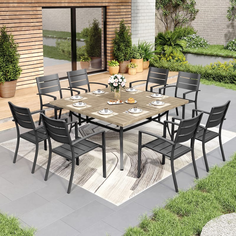 MAISON ARTS 9 Pieces Outdoor Patio Dining Set for 8, Metal Steel Table with Umbrella Hole & Stackable Chairs - Square Brown Table