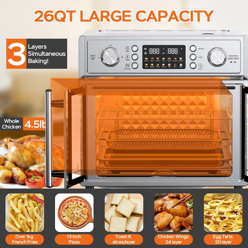 26QT Large Capacity French Double-Door Air Fryer Convection Toaster Oven, 1700W, 14 Preset Menus, 7-in-1 Multi-Function