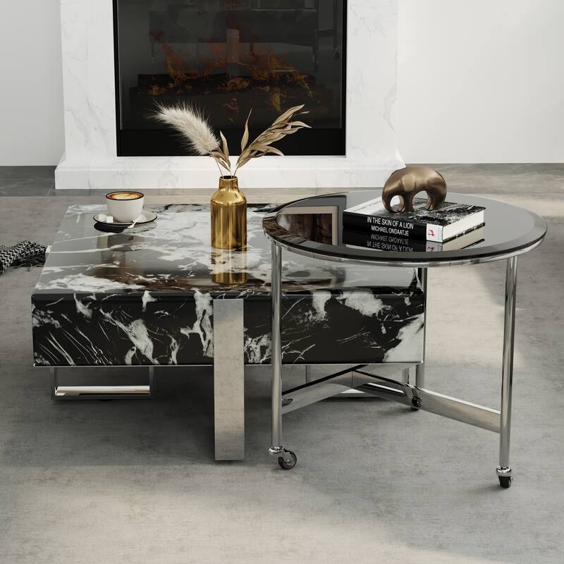 Modern Luxury Square Faux Marble Coffee Table Set Nesting Coffee Table with End Table