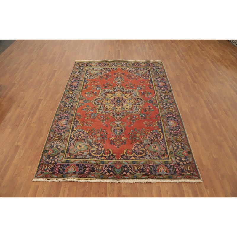 Hand Knotted Oriental 100% Wool Carpet Traditional Floral Oranges & Rust Tabriz Area Rug - 9' 5'' X 6' 5''