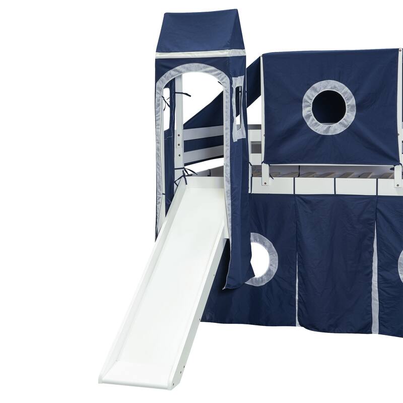 Twin Pine Loft Bed with Staircase, Slide, Tent, Tower, and Guardrail