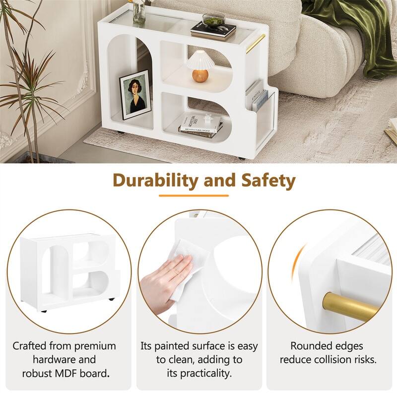 Mobile End Table with Thick Fluted Tempered Glass, Narrow Side Table with Lockable Wheels and Open Storage Compartments
