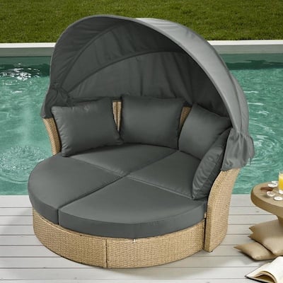 57" Outdoor Patio PE Rattan Round Daybed Sunbed with Retractable Canopy and 4 Pillows